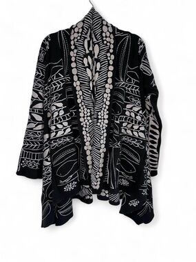 Johnny Was BIYA Embroidered Cardigan – Women’s Small | Black & Cream Boho Art